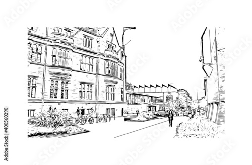 Building view with landmark of Coventry is a city in central England. Hand drawn sketch illustration in vector.
