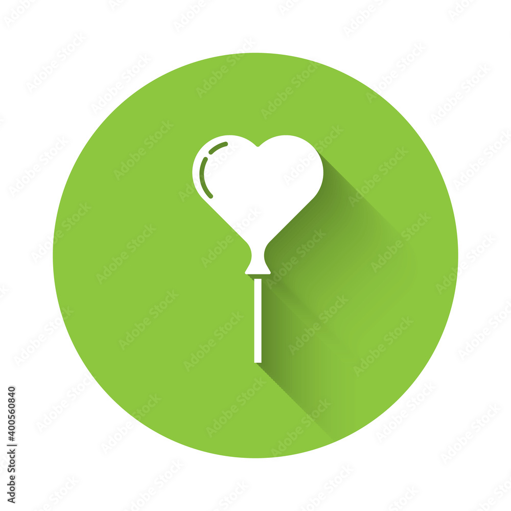 White Balloons in form of heart with ribbon icon isolated with long shadow. Green circle button. Vector. White Balloons in form of heart with ribbon icon isolated with long shadow. Green circle button. Vector.