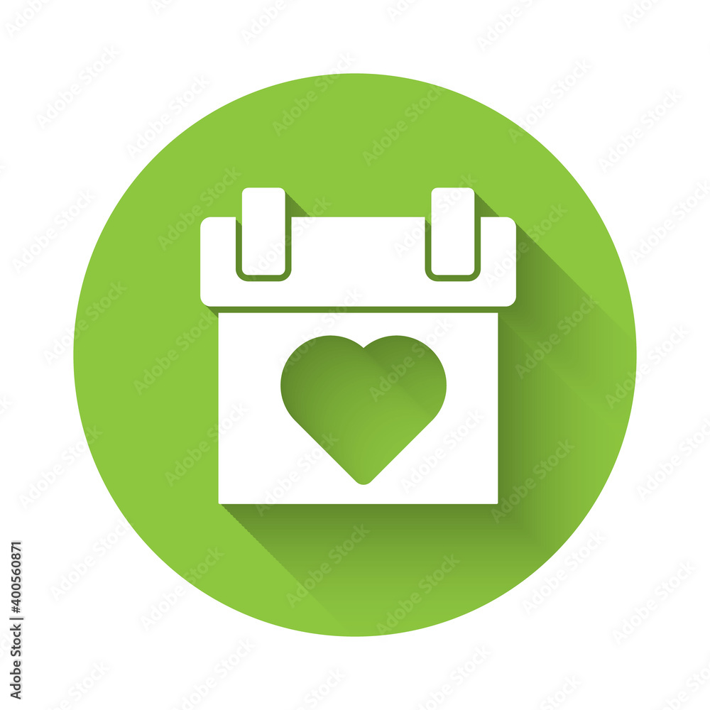White Calendar icon isolated with long shadow. Event reminder symbol. Green circle button. Vector. White Calendar icon isolated with long shadow. Event reminder symbol. Green circle button. Vector.