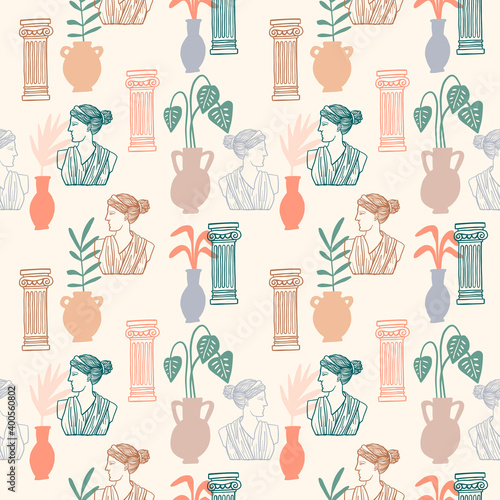 Seamless pattern with Greek Roman Goddess sculpture, ancient ionic order column and vases. Vector background