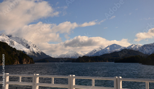 landscape of snowy mountains over the Moreno lake