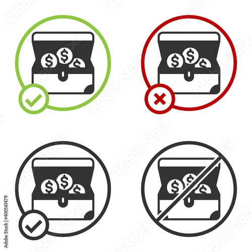 Black Treasure chest icon isolated on white background. Circle button. Vector.