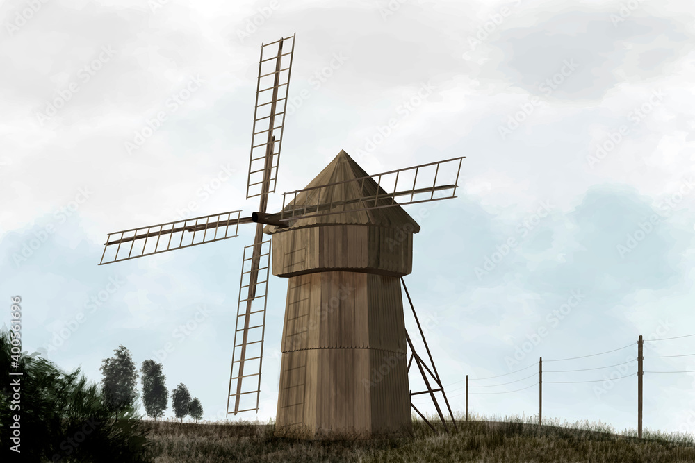 Windmill. Digital watercolor (aquarelle) painting