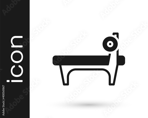 Black Bench with barbel icon isolated on white background. Gym equipment. Bodybuilding, powerlifting, fitness concept. Vector.