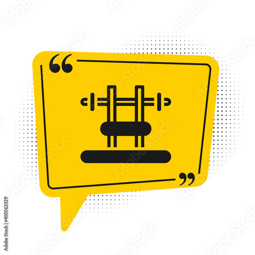 Black Bench with barbel icon isolated on white background. Gym equipment. Bodybuilding, powerlifting, fitness concept. Yellow speech bubble symbol. Vector.