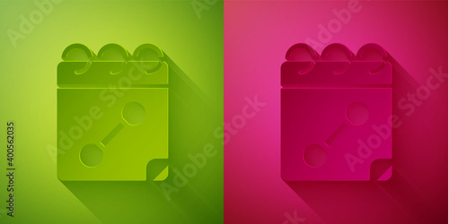 Paper cut Calendar fitness icon isolated on green and pink background. Training schedule. Paper art style. Vector.