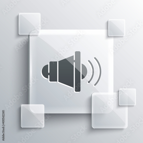 Grey Speaker volume, audio voice sound symbol, media music icon isolated on grey background. Square glass panels. Vector.