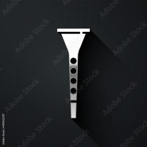 Silver Clarinet icon isolated on black background. Musical instrument. Long shadow style. Vector.