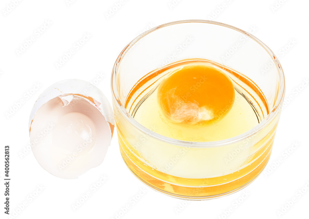 broken chicken egg in glass bowl and empty white shell isolated on white background broken chicken egg in glass bowl and empty white shell isolated on white background