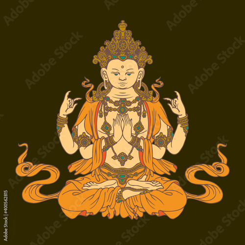 Banner with hand-drawn Buddha Shakyamuni on a dark background. Decorative vector illustration of sitting Gautama Buddha meditating in a lotus position. Buddhist or Hindu god, Awakened and Enlightened
