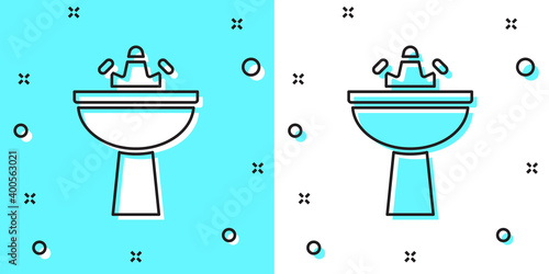 Black line Washbasin with water tap icon isolated on green and white background. Random dynamic shapes. Vector.