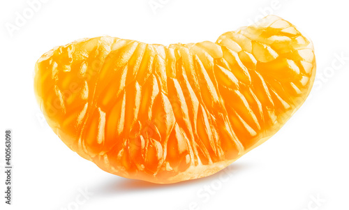 Peeled tangerine slice without membrane on white background with clipping path