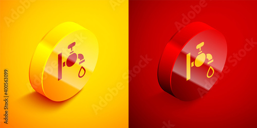 Isometric Water tap icon isolated on orange and red background. Circle button. Vector.