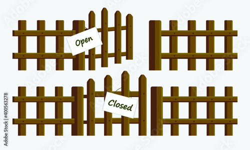 Vector set of wooden fences with signs, with an open and closed gate. Cute picture in cartoon style