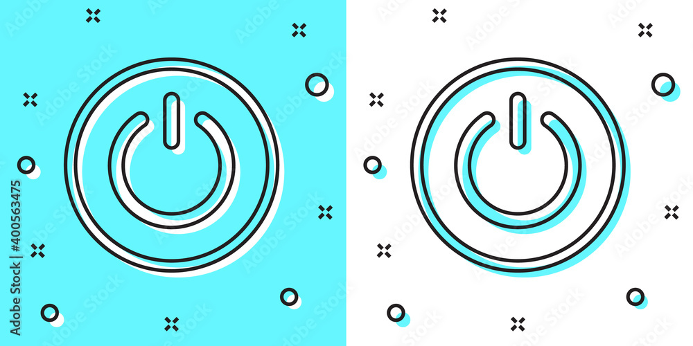 Black line Power button icon isolated on green and white background. Start sign. Random dynamic shapes. Vector. Black line Power button icon isolated on green and white background. Start sign. Random dynamic shapes. Vector.