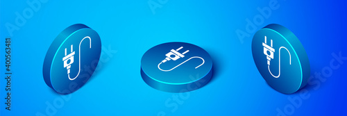 Isometric Electric plug icon isolated on blue background. Concept of connection and disconnection of the electricity. Blue circle button. Vector.