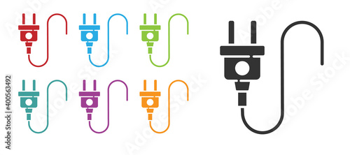 Black Electric plug icon isolated on white background. Concept of connection and disconnection of the electricity. Set icons colorful. Vector.