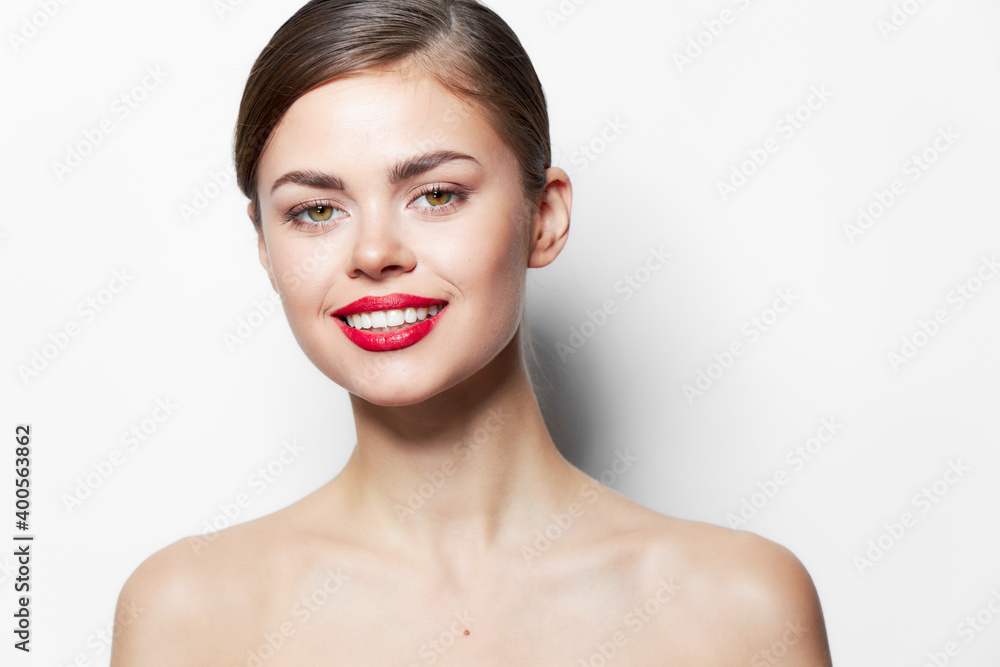 Lady Red lips smile naked shoulders spa treatments long hair Lady Red lips smile naked shoulders spa treatments long hair