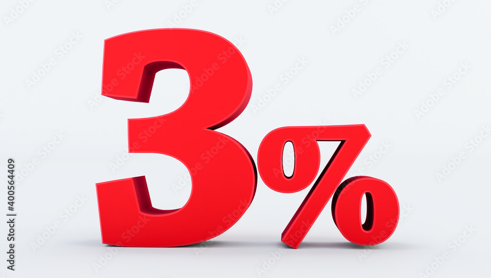 Golden three ( 3 ) percent isolated on a white background., 3 percent off, 3D render Golden three ( 3 ) percent isolated on a white background., 3 percent off, 3D render