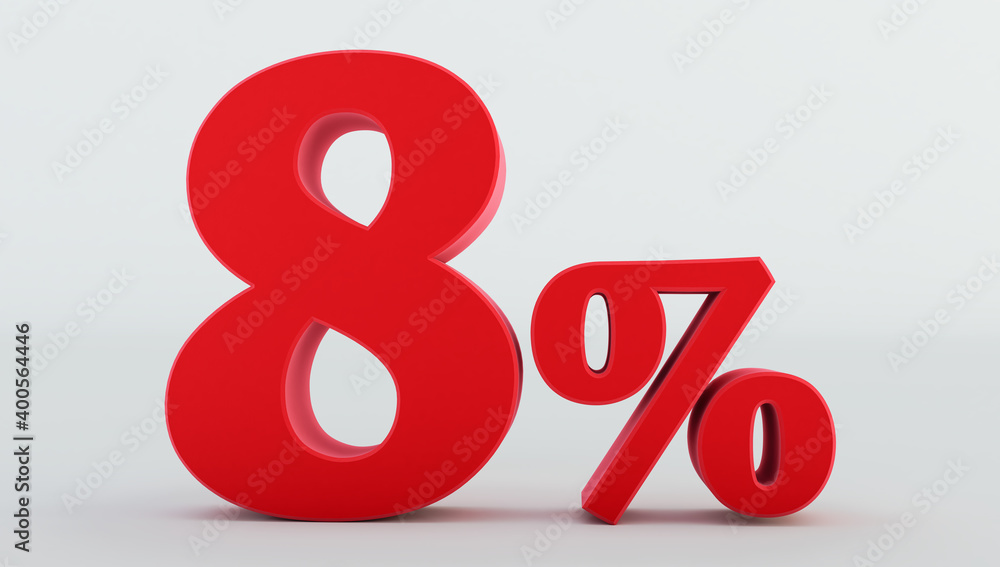 red eight ( 8 ) percent isolated on a white background., 8 percent off, 3D render red eight ( 8 ) percent isolated on a white background., 8 percent off, 3D render