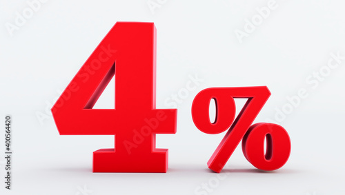 red Four ( 4 ) percent isolated on a white background., 4 percent off, 3D render