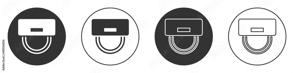 Black Bellboy hat icon isolated on white background. Hotel resort service symbol. Circle button. Vector. Black Bellboy hat icon isolated on white background. Hotel resort service symbol. Circle button. Vector.