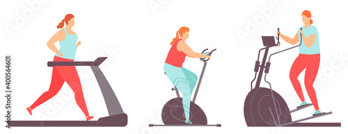 Fat women are doing exercises on cardio machines. Weight loss. Healthy lifestyle. Characters isolated on white background.Vector illustration in hand drawn flat style.