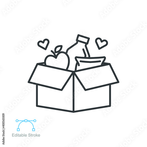 Food donations linear icon, pantry, food bank meal charity line collection logo Box with love. humanitarian volunteer activity. Editable stroke vector illustration design on white background EPS 10