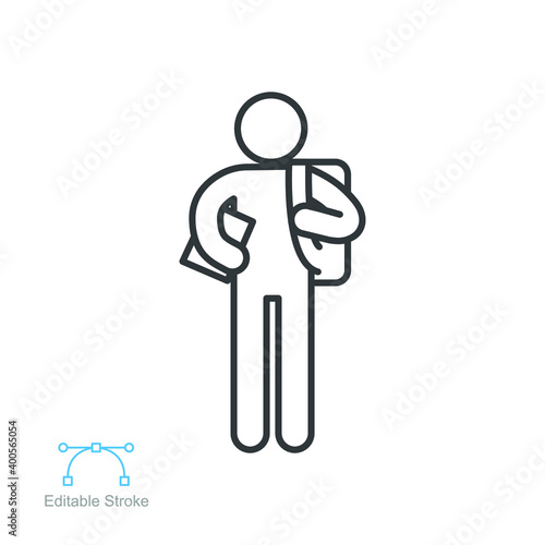 Freshman student with backpack line icon. High school pupil, rucksack. schoolchildren logo College newcomer International student editable stroke vector illustration design on white background EPS 10