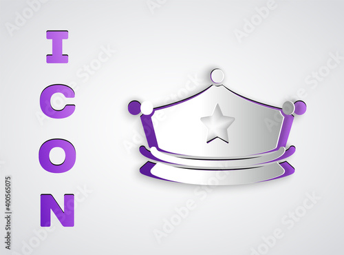 Paper cut Police cap with cockade icon isolated on grey background. Police hat sign. Paper art style. Vector.