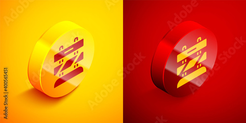 Isometric End of railway tracks icon isolated on orange and red background. Stop sign. Railroad buffer end to destination. Circle button. Vector.