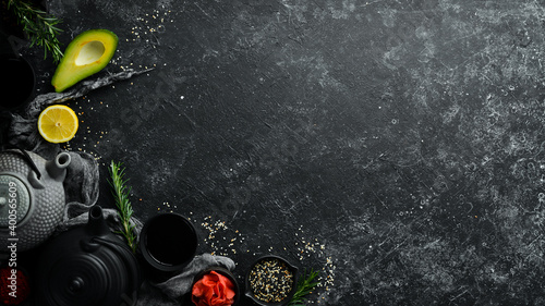 Japanese cooking background. Black stone background. Free space for your text