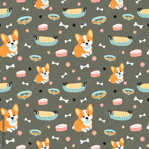 seamless vector pattern with cute corgi dogs on dark background