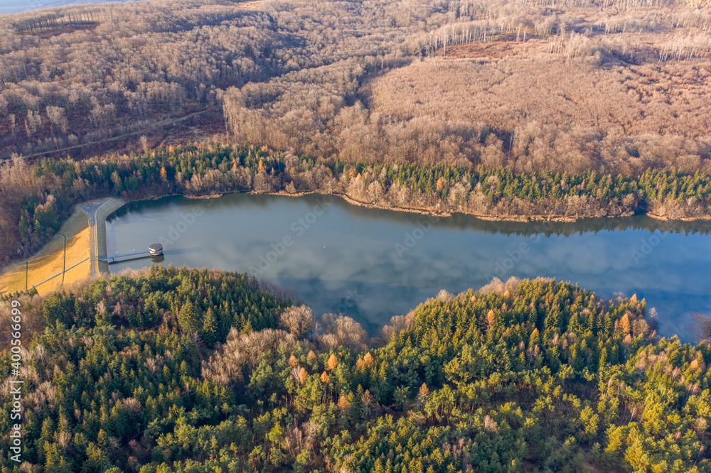 Hungary - Matra mountains with Csori-reti water reservoir from drone view