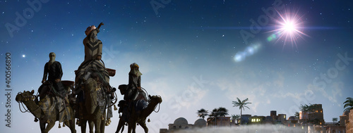 Obraz na płótnie Christian Christmas scene with the three wise men and shining star, 3d render
