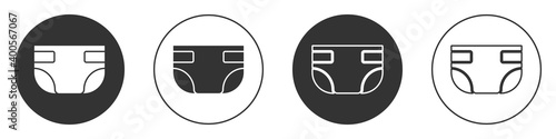 Black Baby absorbent diaper icon isolated on white background. Circle button. Vector.