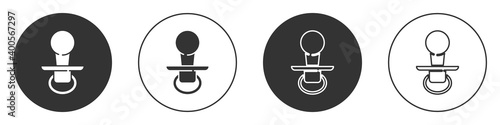 Black Baby dummy pacifier icon isolated on white background. Toy of a child. Circle button. Vector.