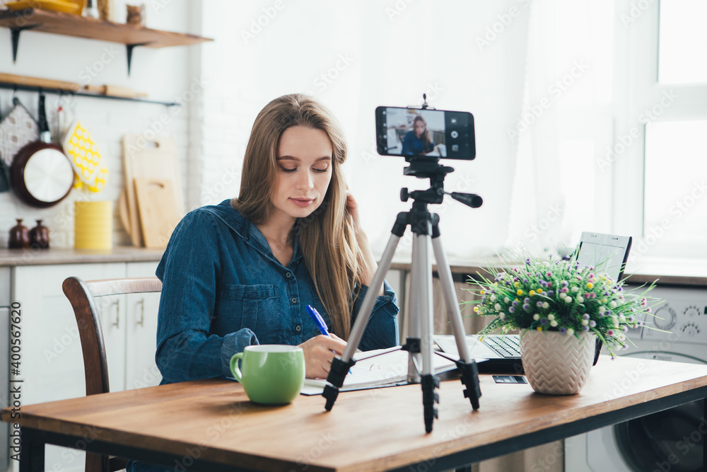 Pregnant girl works at home in self-isolation mode in quarantine and records videos Pregnant girl works at home in self-isolation mode in quarantine and records videos
