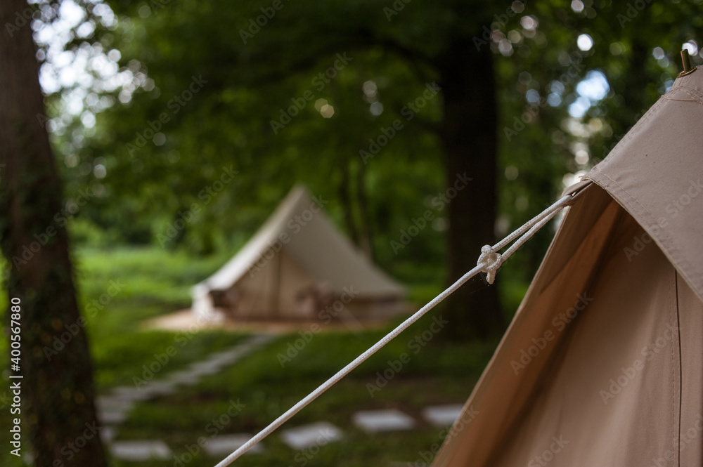 Glamping site in the woods on a calm afternoon.