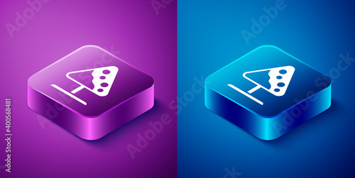 Isometric Road sign avalanches icon isolated on blue and purple background. Snowslide or snowslip rapid flow of snow down a sloping surface. Square button. Vector.