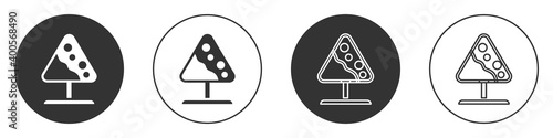 Black Road sign avalanches icon isolated on white background. Snowslide or snowslip rapid flow of snow down a sloping surface. Circle button. Vector.