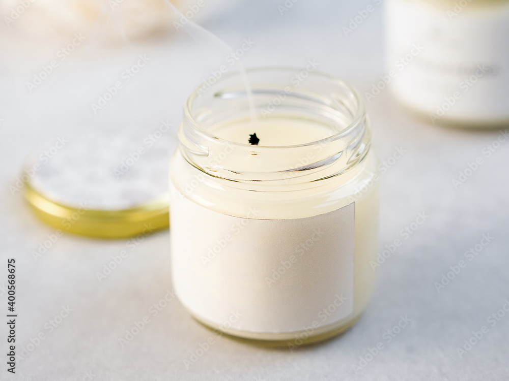 Composition with aroma humidifier on table against grey background. Space for text Composition with aroma humidifier on table against grey background. Space for text