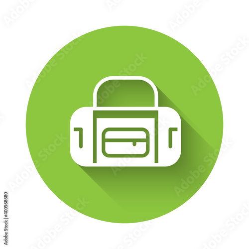 White Sport bag icon isolated with long shadow. Green circle button. Vector.