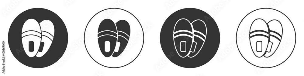 Black Slippers icon isolated on white background. Flip flops sign. Circle button. Vector. Black Slippers icon isolated on white background. Flip flops sign. Circle button. Vector.
