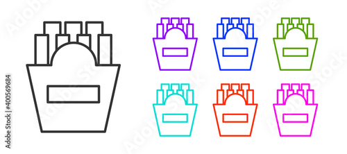 Black line Potatoes french fries in carton package box icon isolated on white background. Fast food menu. Set icons colorful. Vector Illustration.