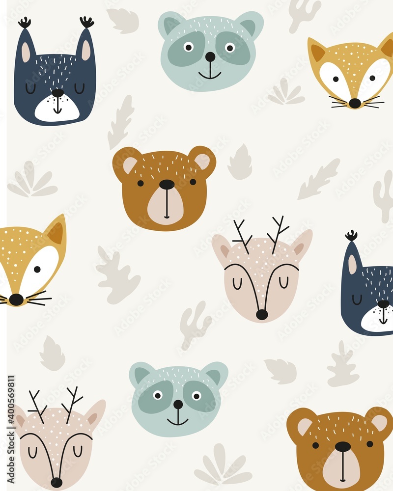 Obraz premium Seamless childish pattern with funny animals faces . Creative scandinavian kids texture for fabric, wrapping, textile, wallpaper, apparel. Vector illustration