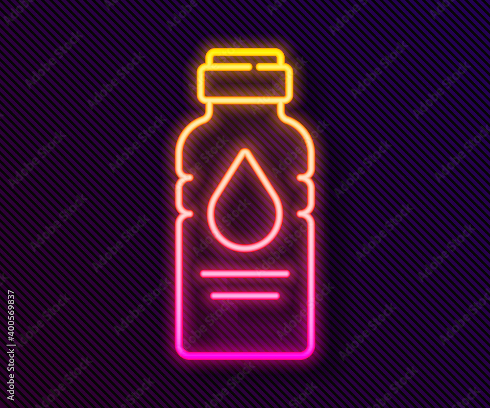 Glowing neon line Bottle of water icon isolated on black background. Soda aqua drink sign. Vector Illustration. Glowing neon line Bottle of water icon isolated on black background. Soda aqua drink sign. Vector Illustration.