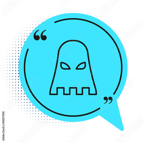 Black line Executioner mask icon isolated on white background. Hangman, torturer, executor, tormentor, butcher, headsman icon. Blue speech bubble symbol. Vector.
