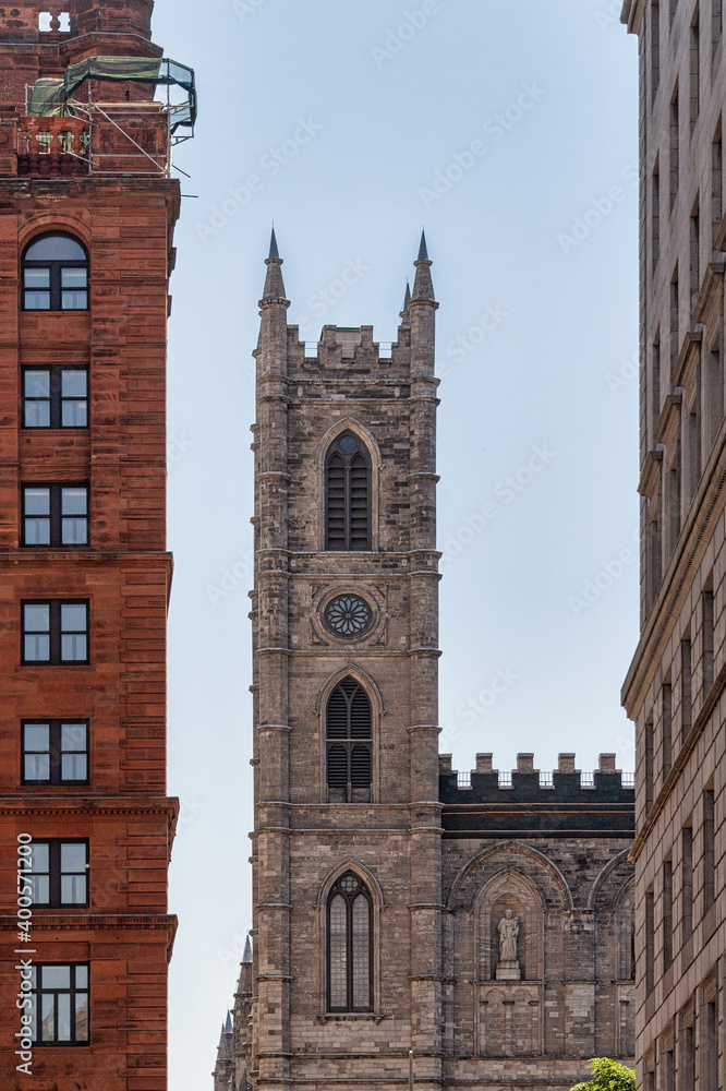 Tower of Notre-Dame Basilica Church in Montreal, Canada