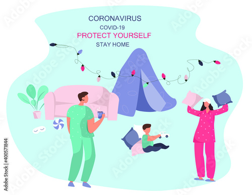 Characters Made Blanket Fortress with Garland in Pajamas.Home Hut.Pajama party.Tent at Home with Pillows For Children and Family.Time at Home During Quarantine.Flat Vector Illustration
